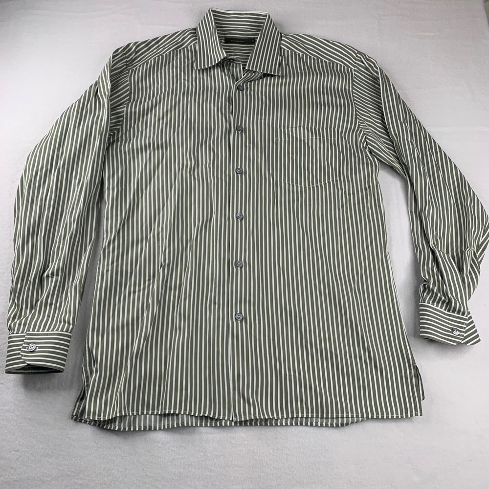 Ermenegildo Zegna Button Down Shirt Mens XL Green White Striped Long Sleeve